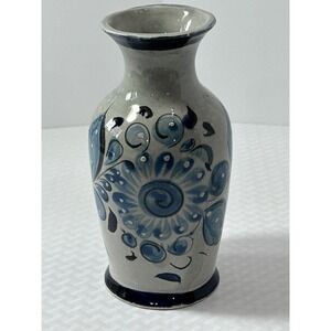 Mexican Pottery Vase Handmade And painted Blue Flower Design 8” tall